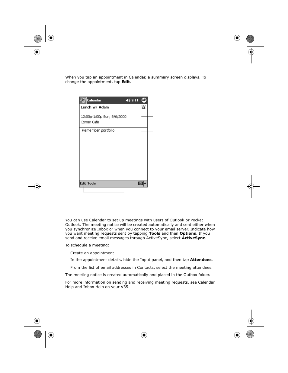 Using the summary screen creating meeting requests, Using the summary screen, Creating meeting requests | VIEWSONIC PC V35 User Manual | Page 52 / 92