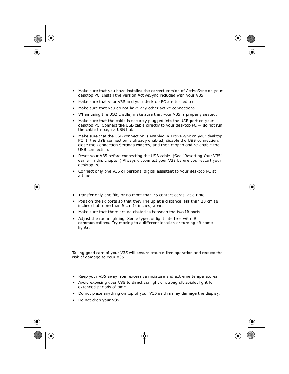 Connection problems, Care and maintenance, General guidelines | Usb cradle connection problems, Infrared connection problems | VIEWSONIC PC V35 User Manual | Page 83 / 92