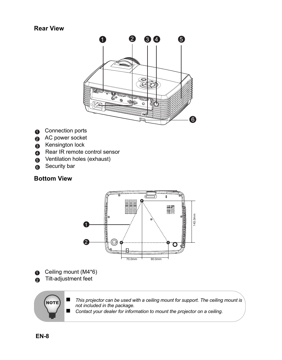 Rear view, Bottom view, En-8 | VIEWSONIC VS12476 User Manual | Page 11 / 59