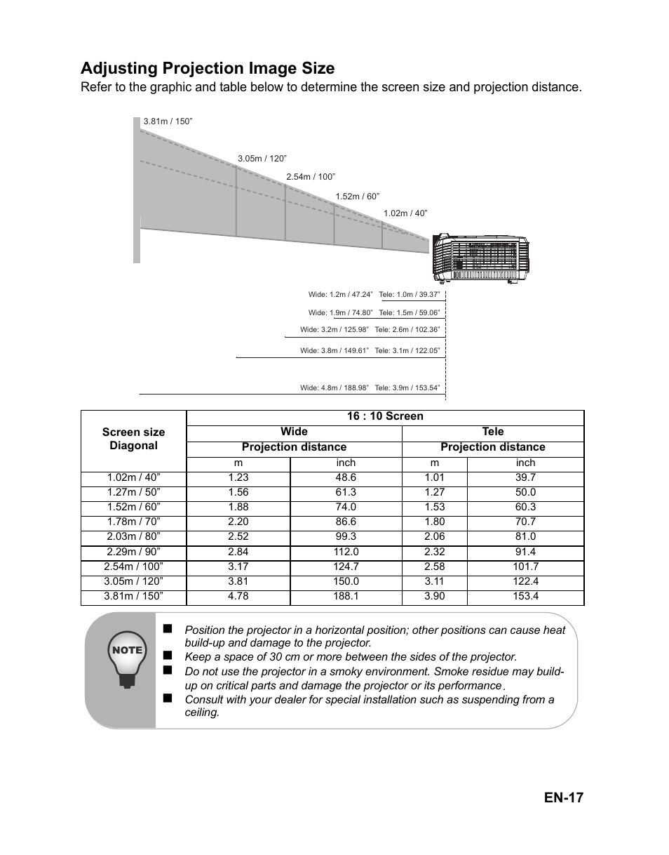 Adjusting projection image size, En-17 | VIEWSONIC VS12476 User Manual | Page 20 / 59