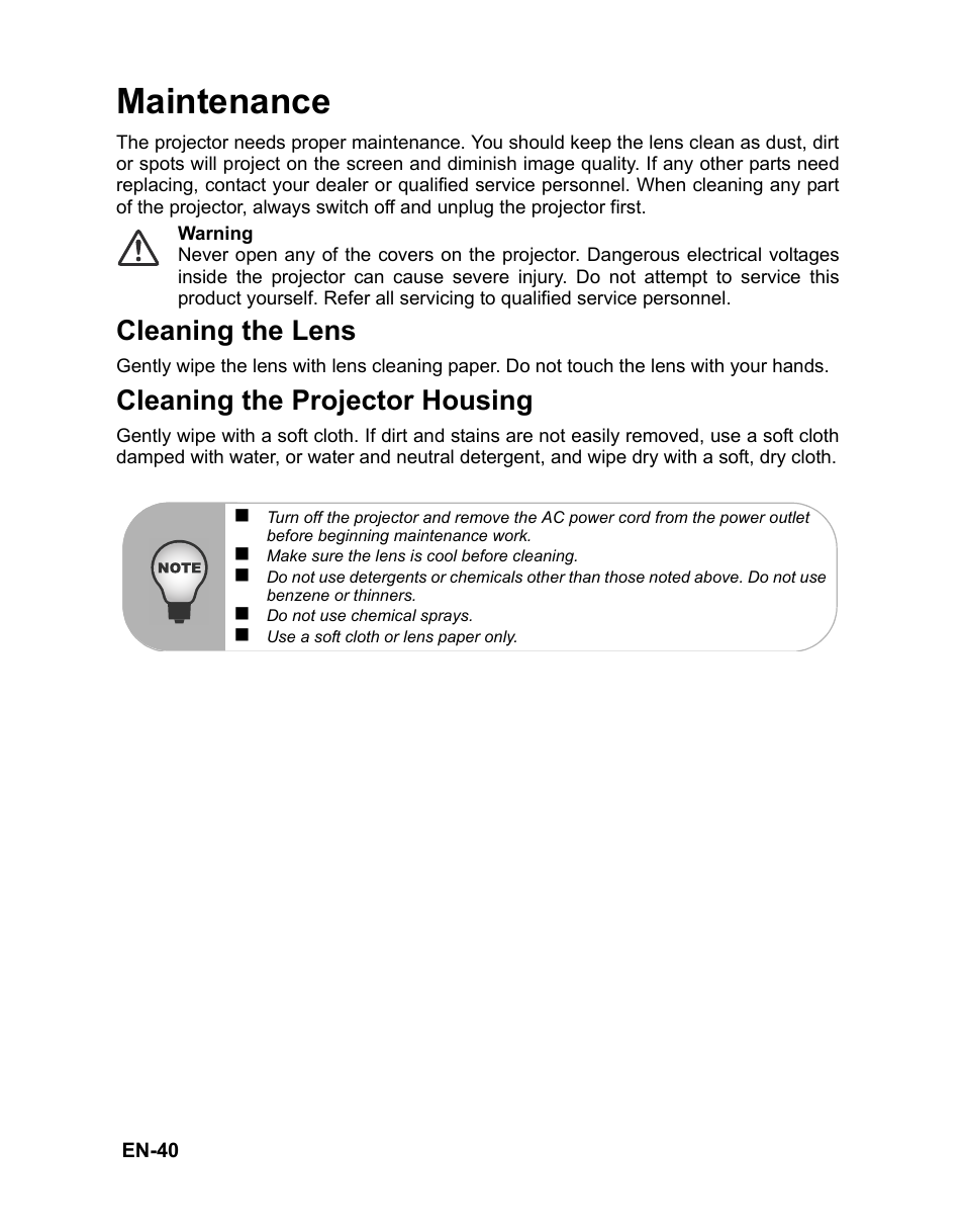 Maintenance, Cleaning the lens, Cleaning the projector housing | Network control maintenance | VIEWSONIC VS12476 User Manual | Page 43 / 59