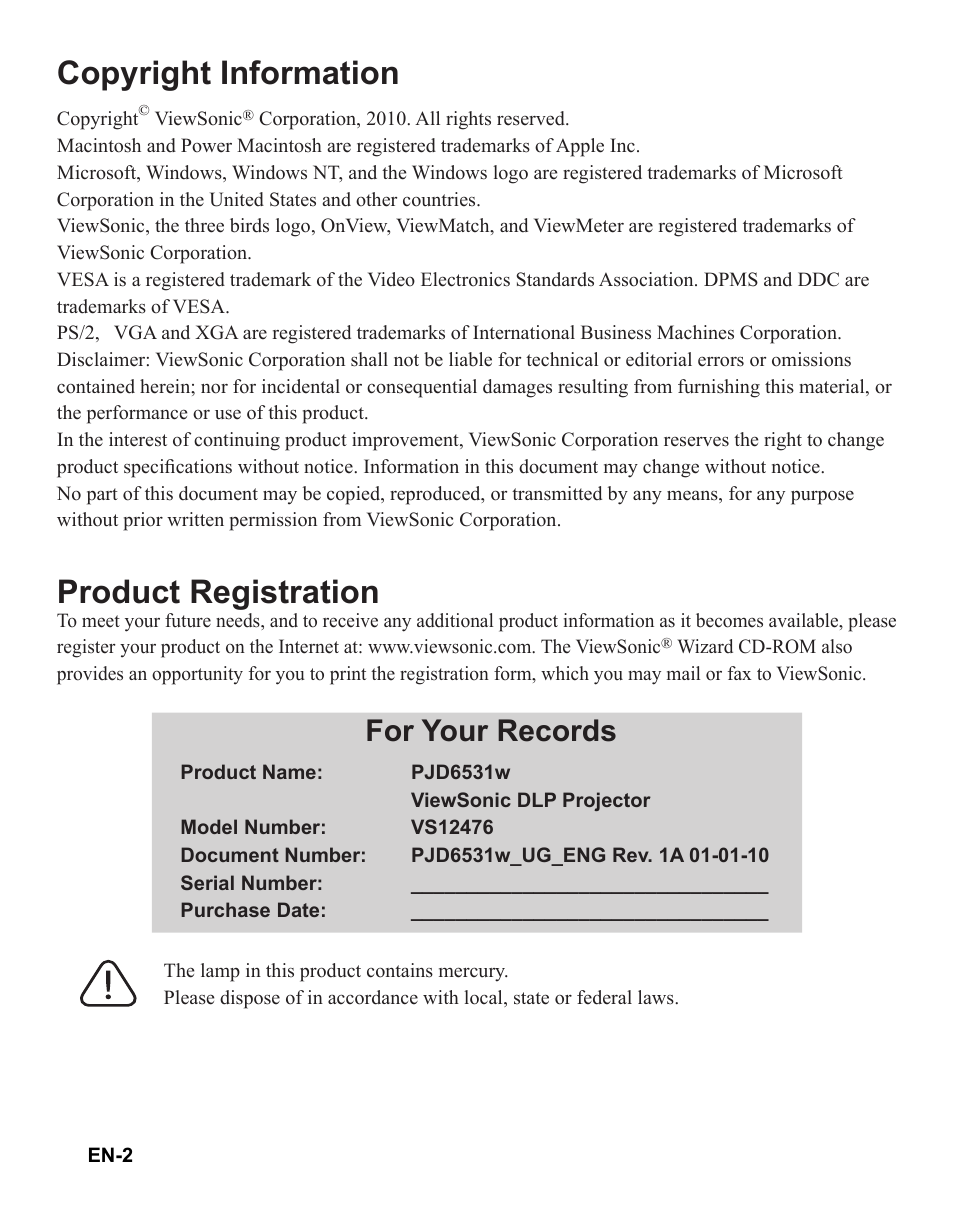 Copyright information, Product registration, For your records | VIEWSONIC VS12476 User Manual | Page 5 / 59