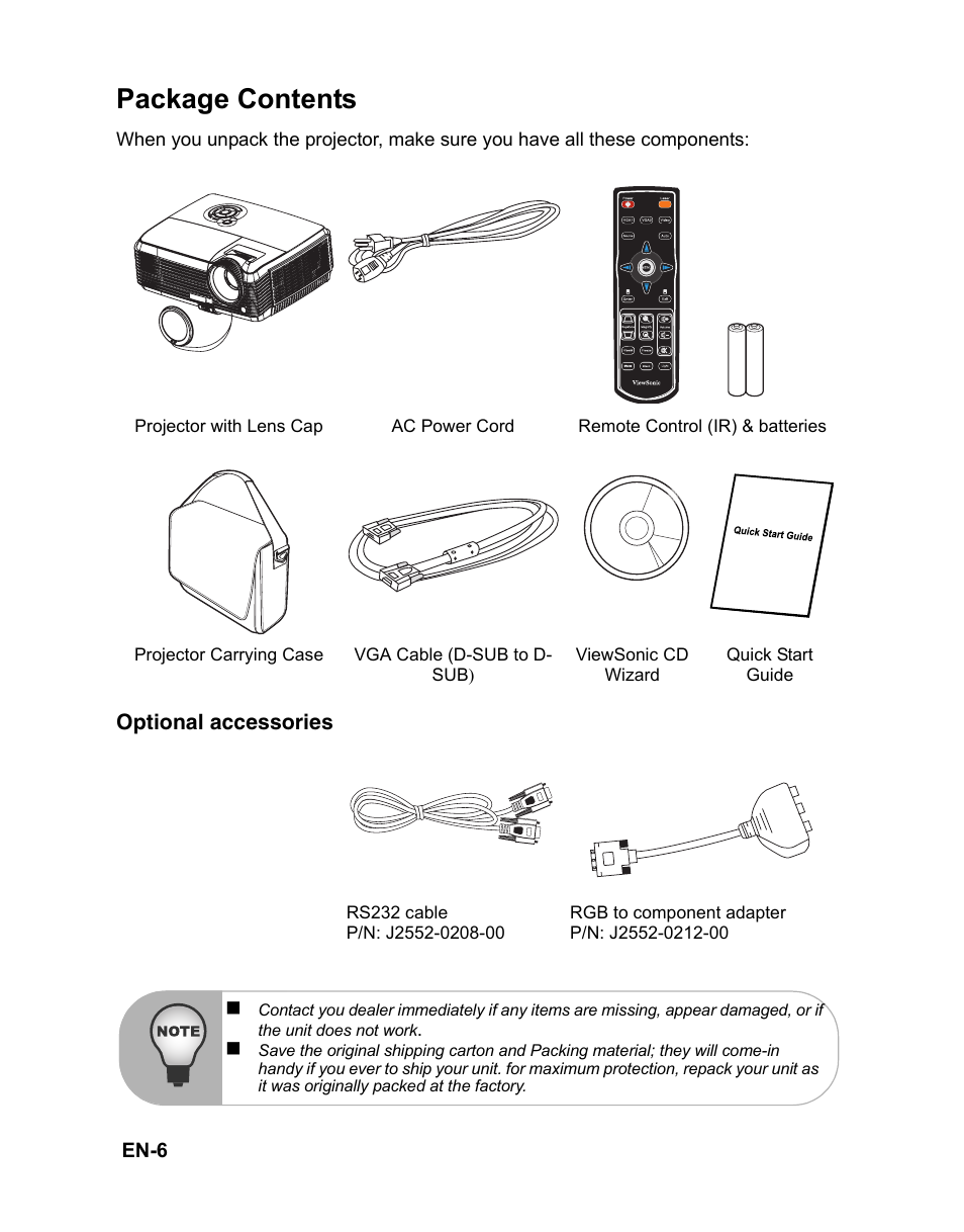 Package contents, Projector with lens cap, Ac power cord | Introduction | VIEWSONIC VS12476 User Manual | Page 9 / 59