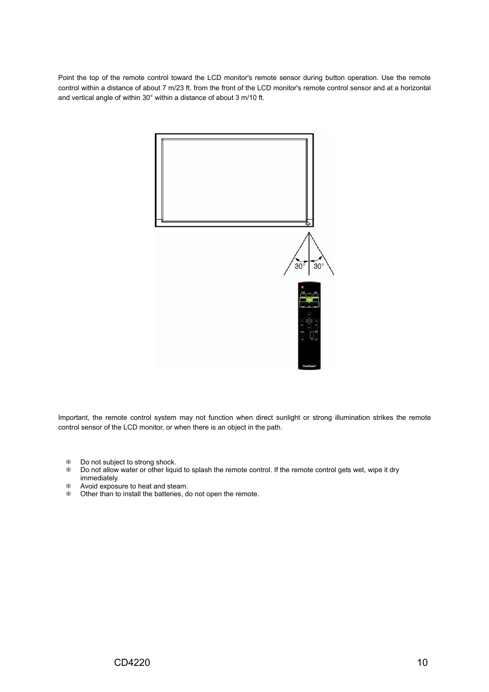 Operating range for the remote control, Handling the remote control | VIEWSONIC CD4220 User Manual | Page 12 / 58