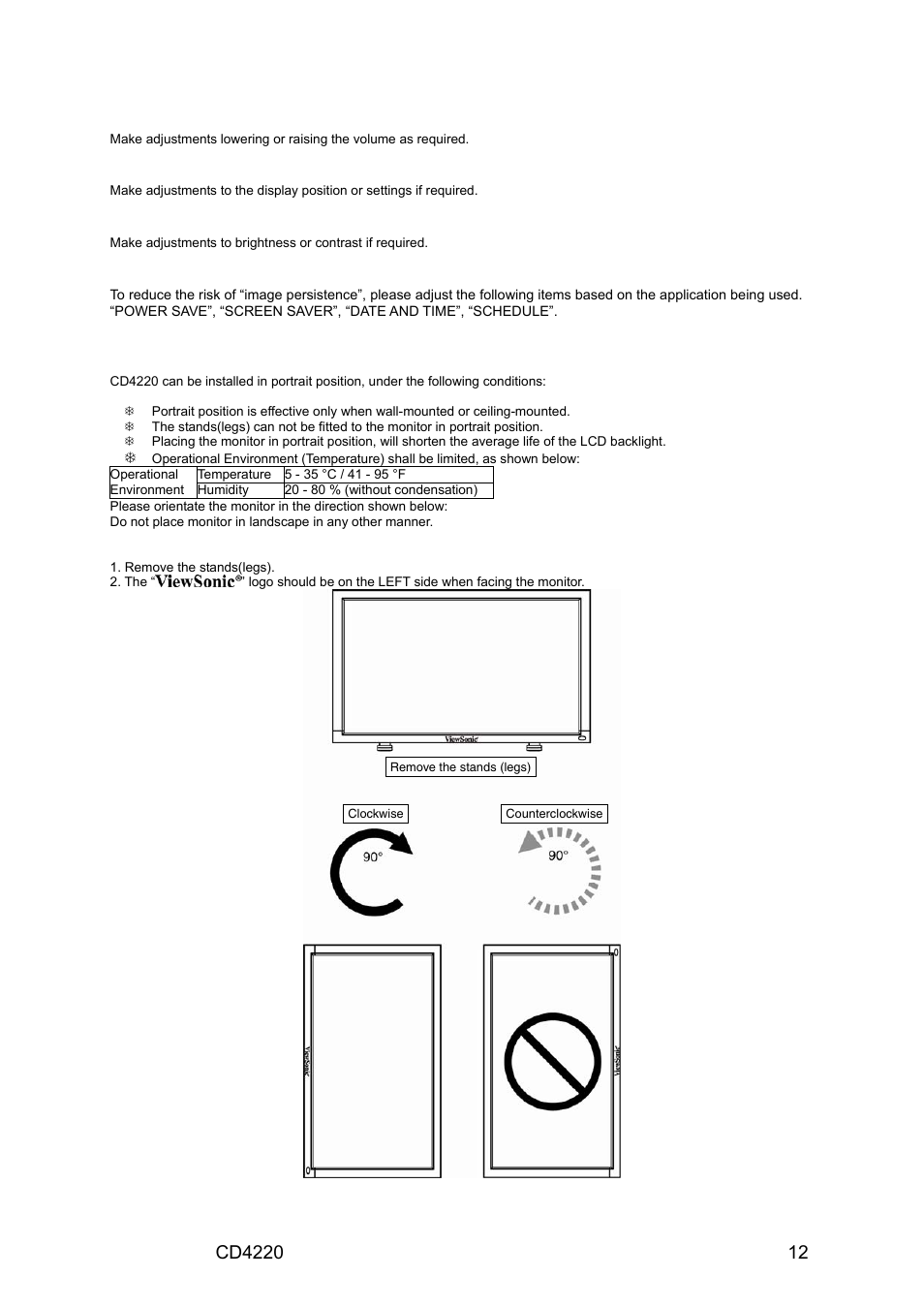 Adjust the sound, Adjust the screen, Adjust the image | Recommended adjustment, When cd4220 is installed in portrait position | VIEWSONIC CD4220 User Manual | Page 14 / 58
