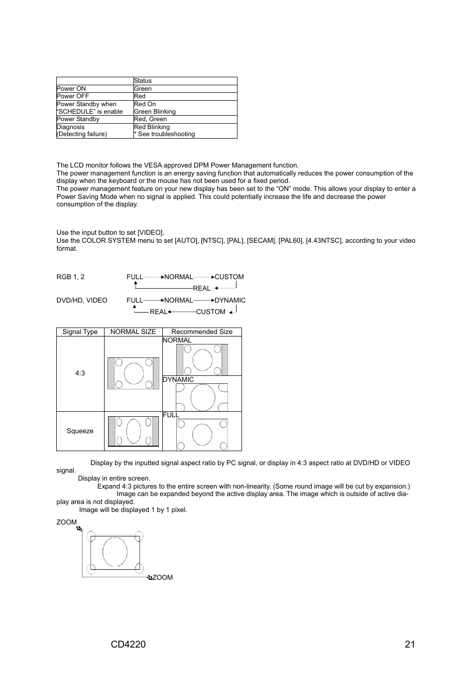 Power indicator, Using power management, Selecting a video source | Picture size | VIEWSONIC CD4220 User Manual | Page 23 / 58