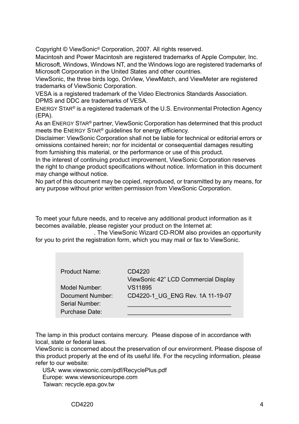 Copyright information, Product registration, For your records | VIEWSONIC CD4220 User Manual | Page 6 / 58