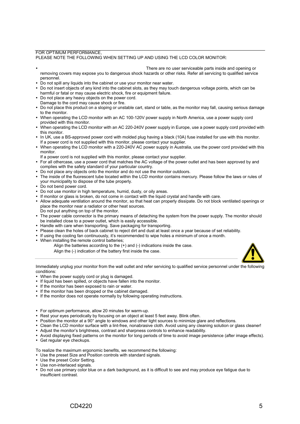 Safety precautions | VIEWSONIC CD4220 User Manual | Page 7 / 58