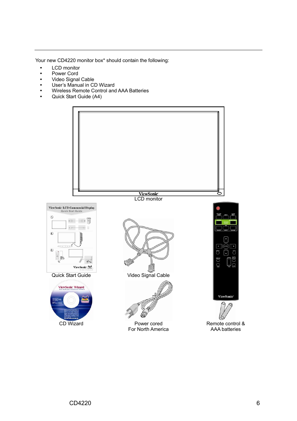 Package contents | VIEWSONIC CD4220 User Manual | Page 8 / 58