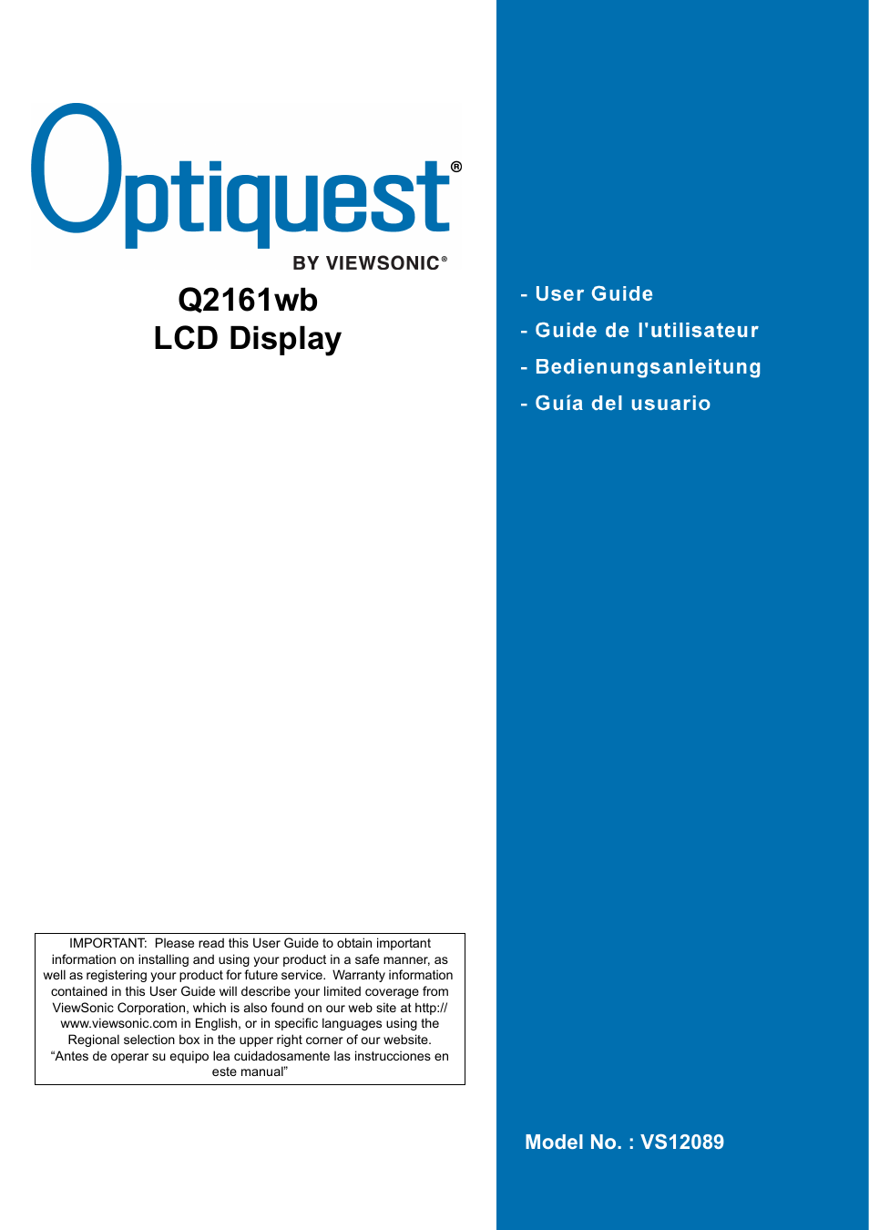 VIEWSONIC Optiquest Q2161WB User Manual | 21 pages