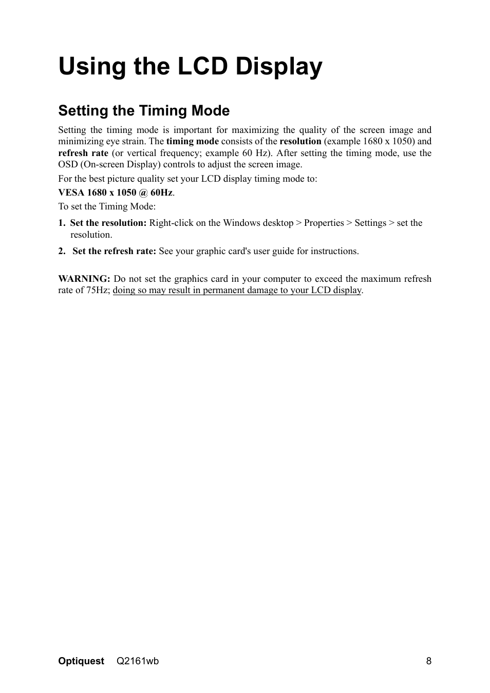 Using the lcd display, Setting the timing mode | VIEWSONIC Optiquest Q2161WB User Manual | Page 10 / 21