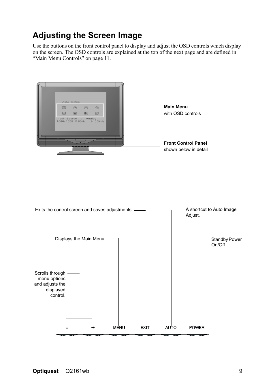 Adjusting the screen image | VIEWSONIC Optiquest Q2161WB User Manual | Page 11 / 21