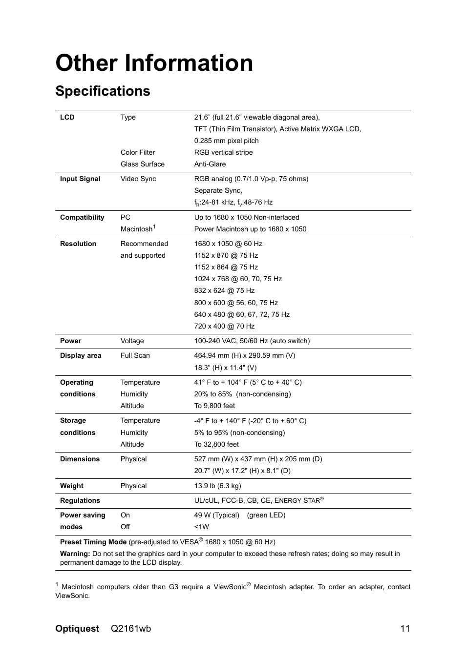 Other information, Specifications | VIEWSONIC Optiquest Q2161WB User Manual | Page 13 / 21