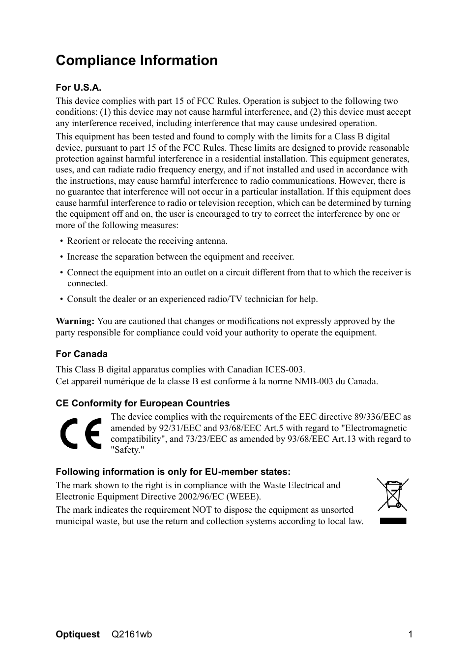 Compliance information | VIEWSONIC Optiquest Q2161WB User Manual | Page 3 / 21