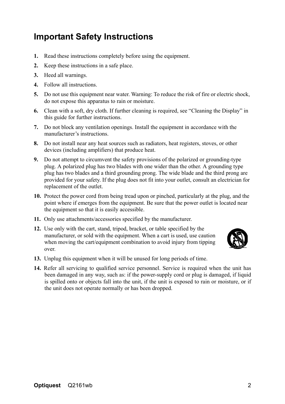 Important safety instructions | VIEWSONIC Optiquest Q2161WB User Manual | Page 4 / 21