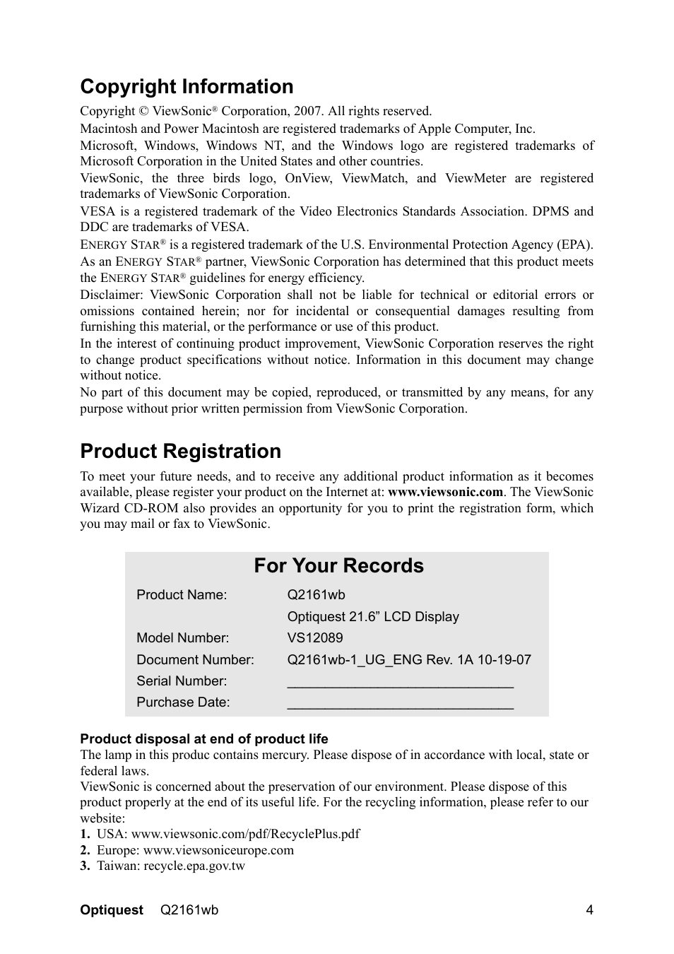 Copyright information, Product registration, For your records | VIEWSONIC Optiquest Q2161WB User Manual | Page 6 / 21