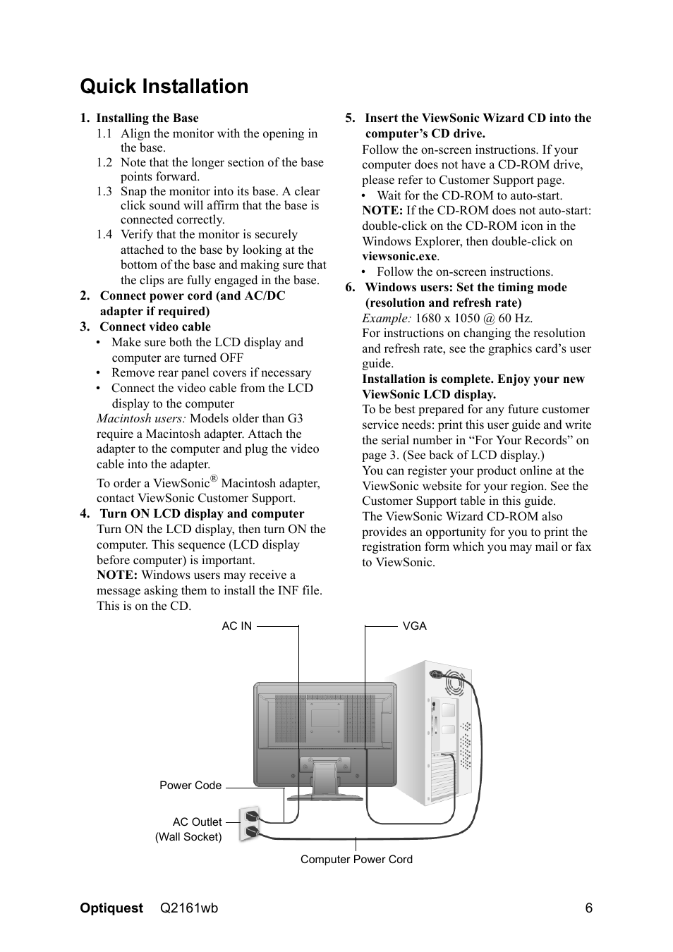 Quick installation | VIEWSONIC Optiquest Q2161WB User Manual | Page 8 / 21