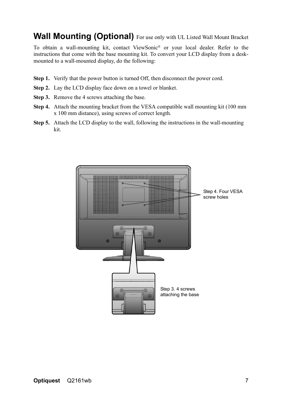 Wall mounting (optional) | VIEWSONIC Optiquest Q2161WB User Manual | Page 9 / 21