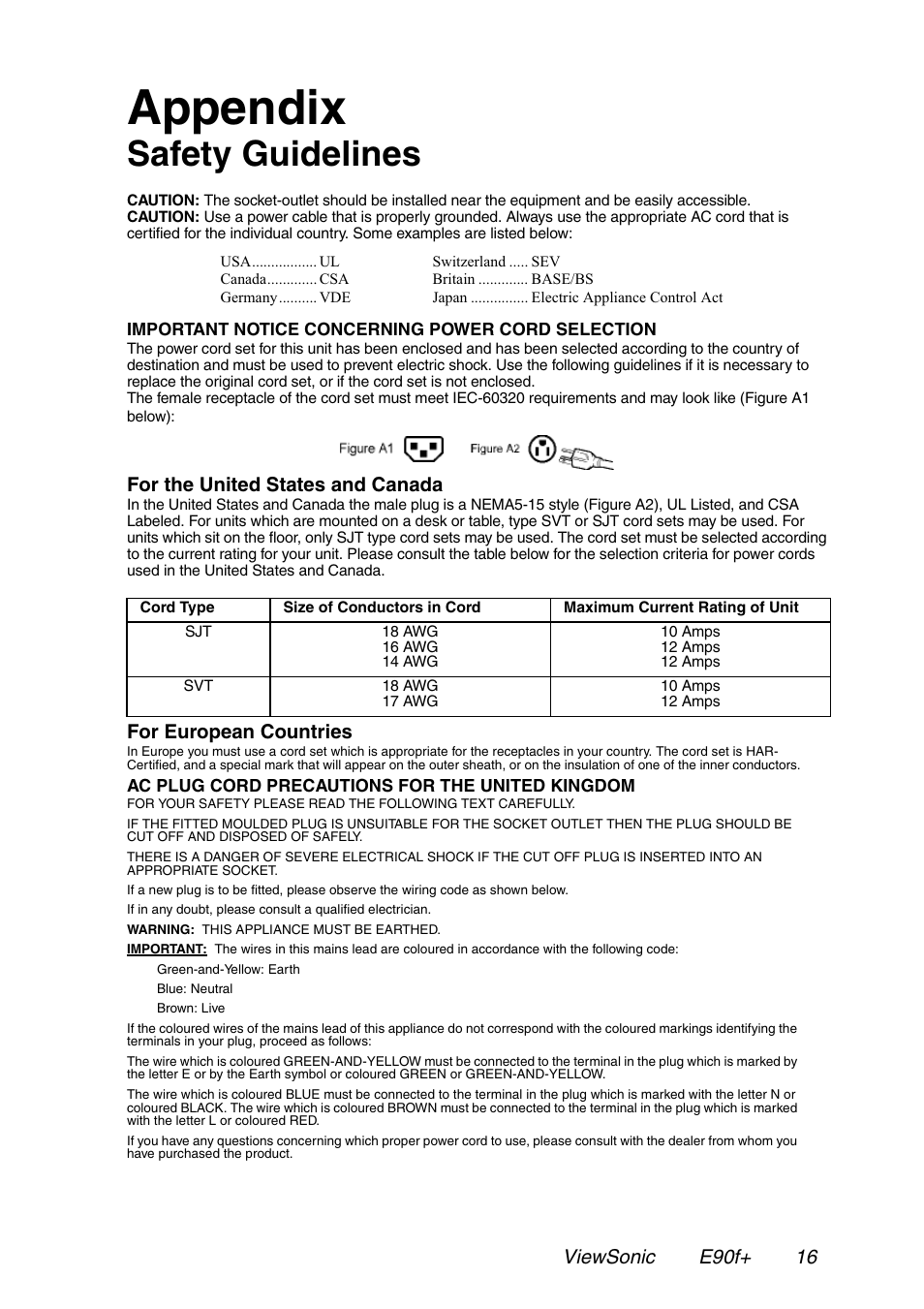 Appendix, Safety guidelines, For the united states and canada | For european countries, Viewsonic e90f+ 16 | VIEWSONIC E90f+ User Manual | Page 17 / 19