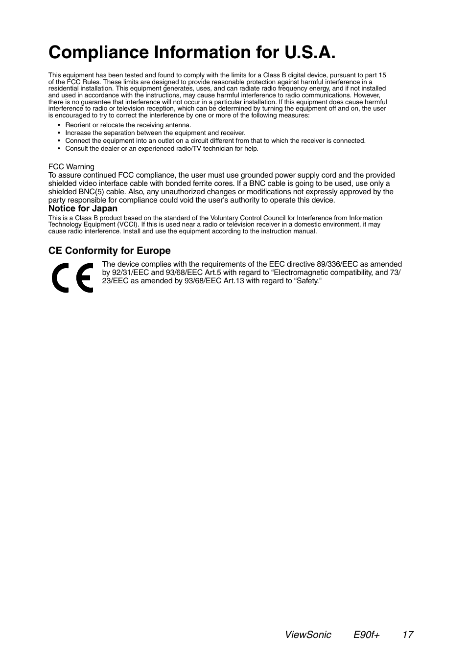 Compliance information for u.s.a | VIEWSONIC E90f+ User Manual | Page 18 / 19