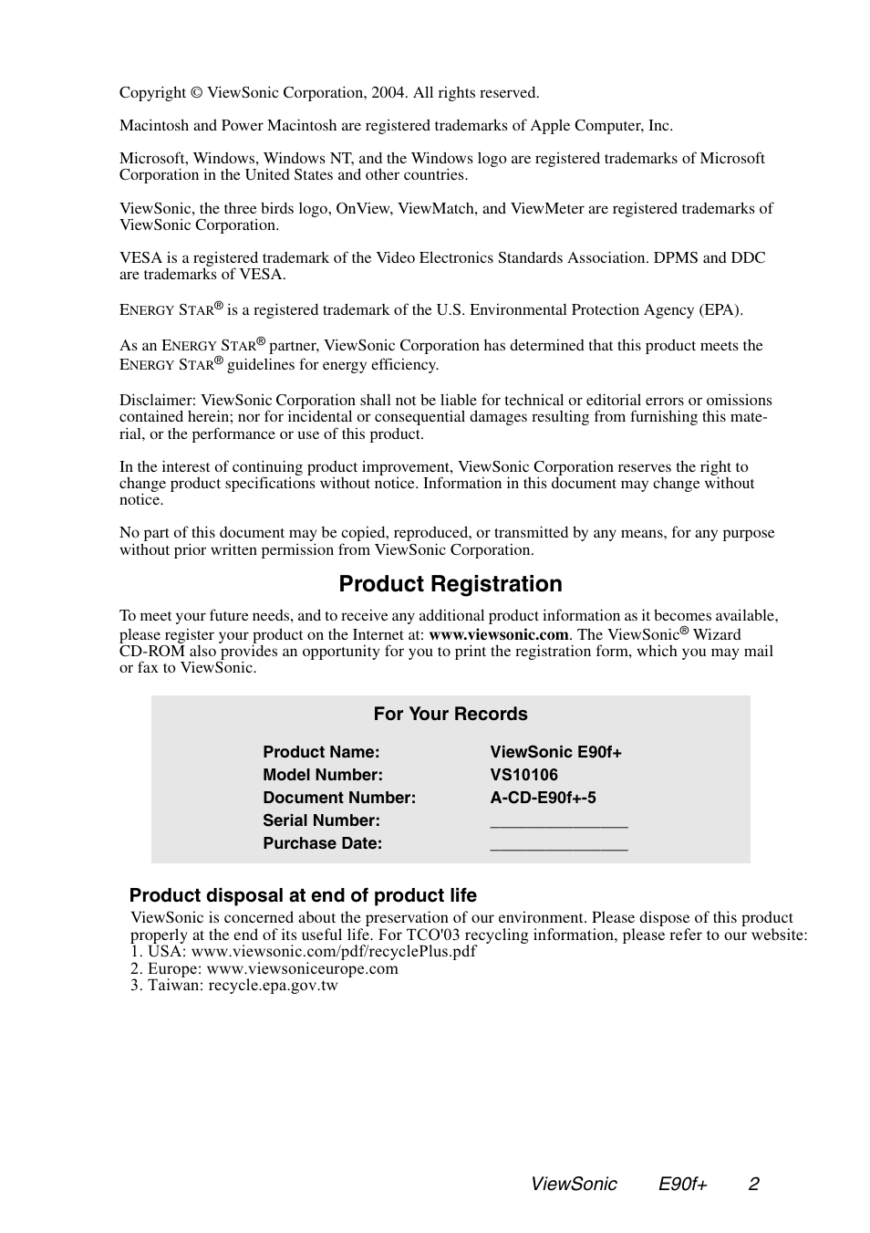 Product registration | VIEWSONIC E90f+ User Manual | Page 3 / 19