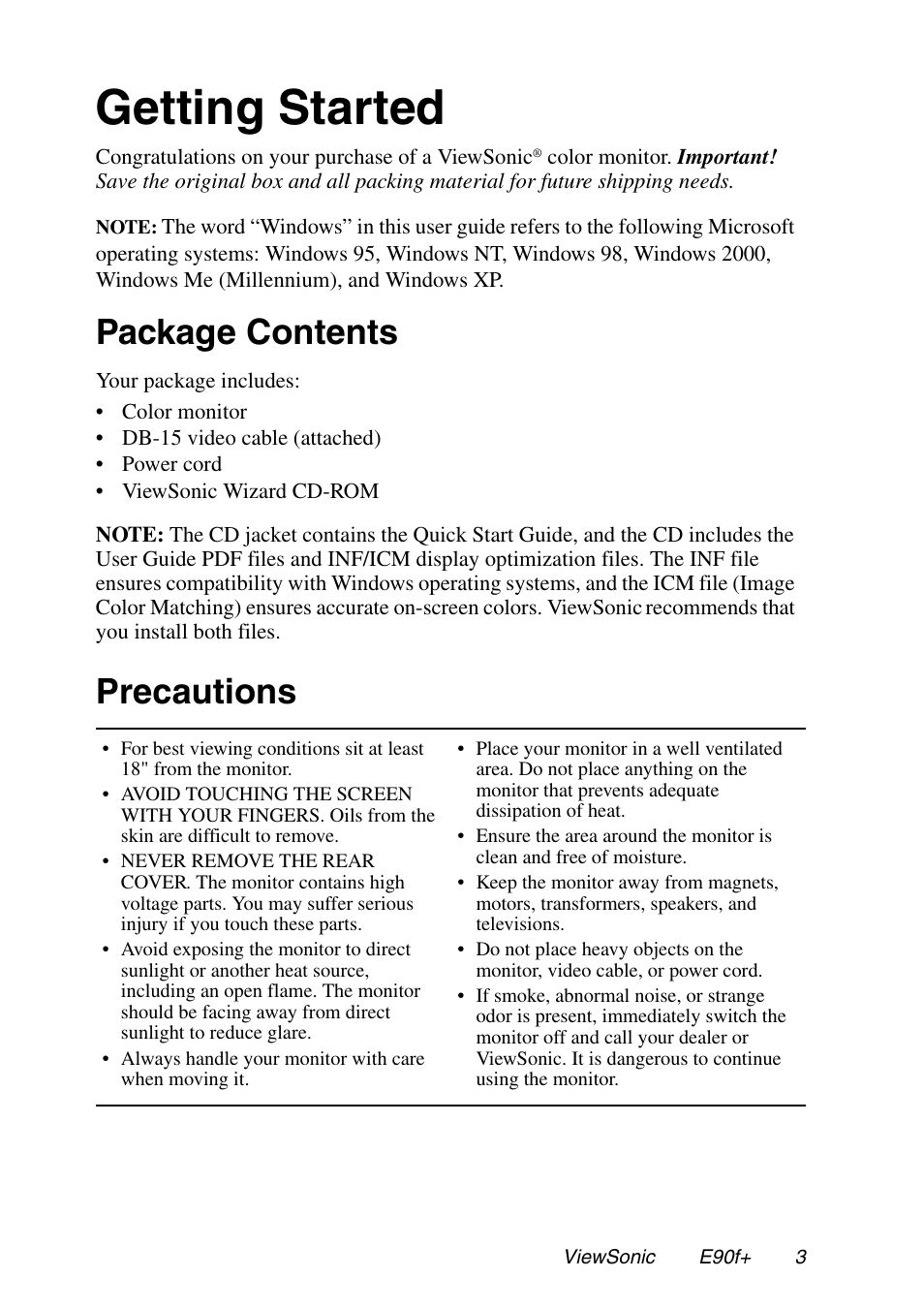 Getting started, Package contents, Precautions | VIEWSONIC E90f+ User Manual | Page 4 / 19