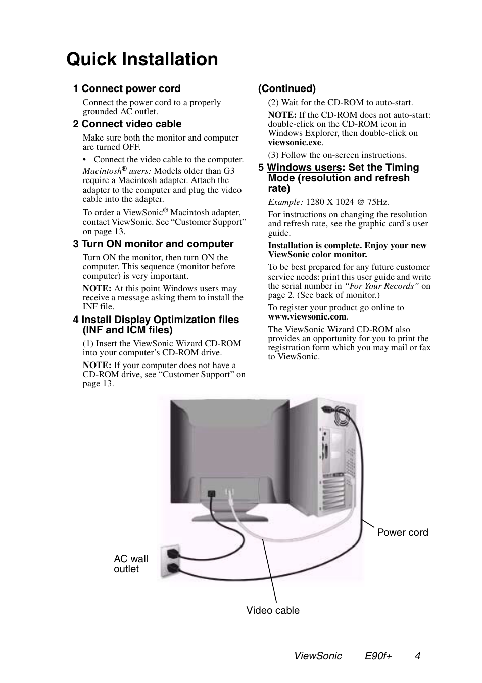 Quick installation | VIEWSONIC E90f+ User Manual | Page 5 / 19