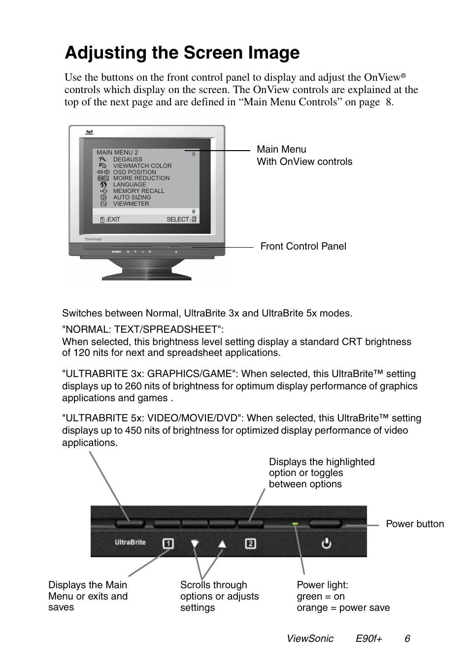 Adjusting the screen image | VIEWSONIC E90f+ User Manual | Page 7 / 19