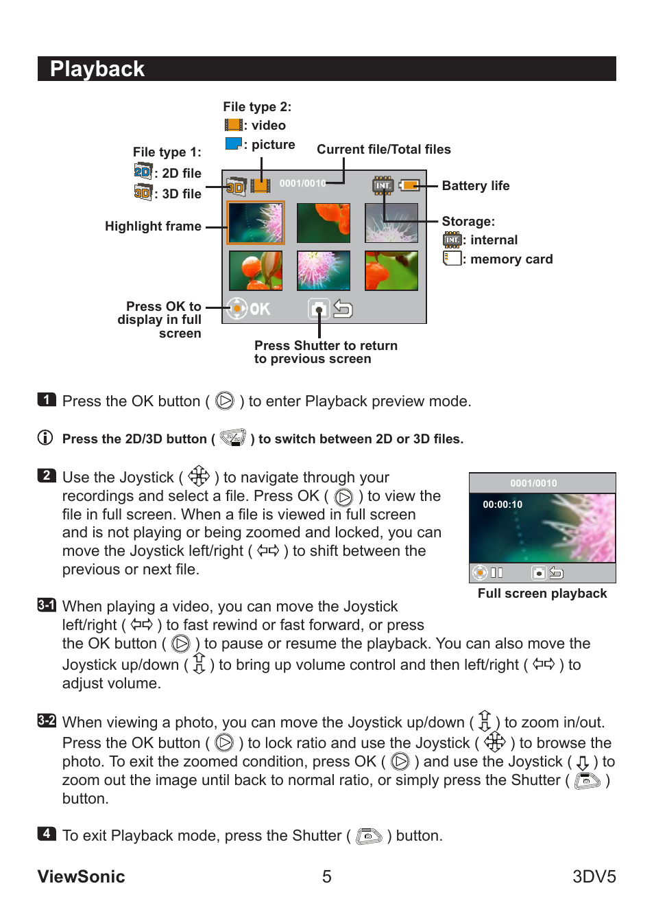 Playback, Viewsonic 5 3dv5 | VIEWSONIC VS13782 User Manual | Page 10 / 25