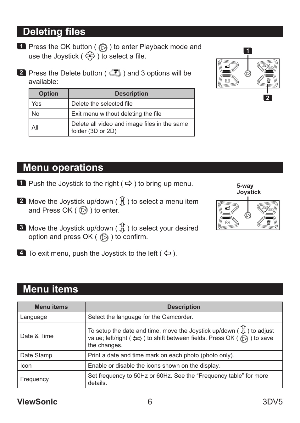Menu operations, Deleting files menu items, Viewsonic 6 3dv5 | VIEWSONIC VS13782 User Manual | Page 11 / 25