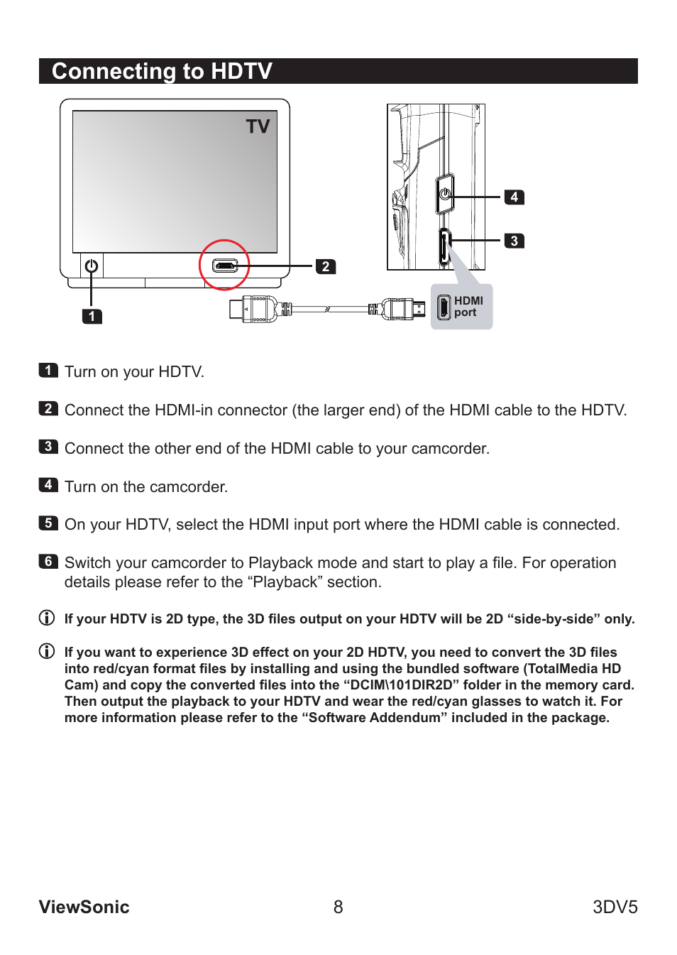 Connecting to hdtv, Viewsonic 8 3dv5 | VIEWSONIC VS13782 User Manual | Page 13 / 25