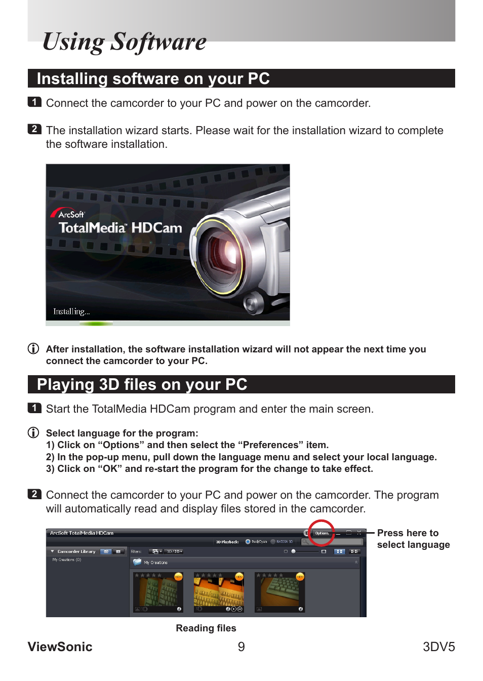 Using software, Installing software on your pc, Playing 3d files on your pc | VIEWSONIC VS13782 User Manual | Page 14 / 25