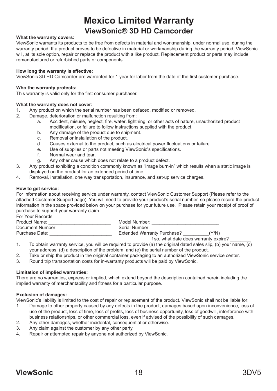 Mexico limited warranty, Viewsonic 18 3dv5, Viewsonic® 3d hd camcorder | VIEWSONIC VS13782 User Manual | Page 23 / 25