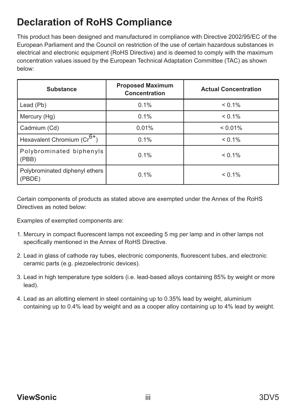 Declaration of rohs compliance, Viewsonic iii 3dv5 | VIEWSONIC VS13782 User Manual | Page 4 / 25