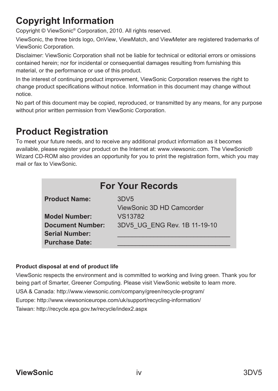 Copyright information, Product registration, For your records | Viewsonic iv 3dv5 | VIEWSONIC VS13782 User Manual | Page 5 / 25