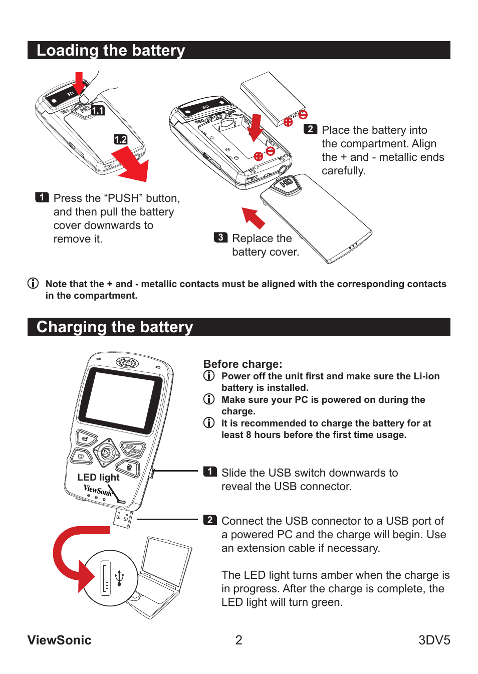 Loading the battery, Charging the battery, Viewsonic 2 3dv5 | VIEWSONIC VS13782 User Manual | Page 7 / 25