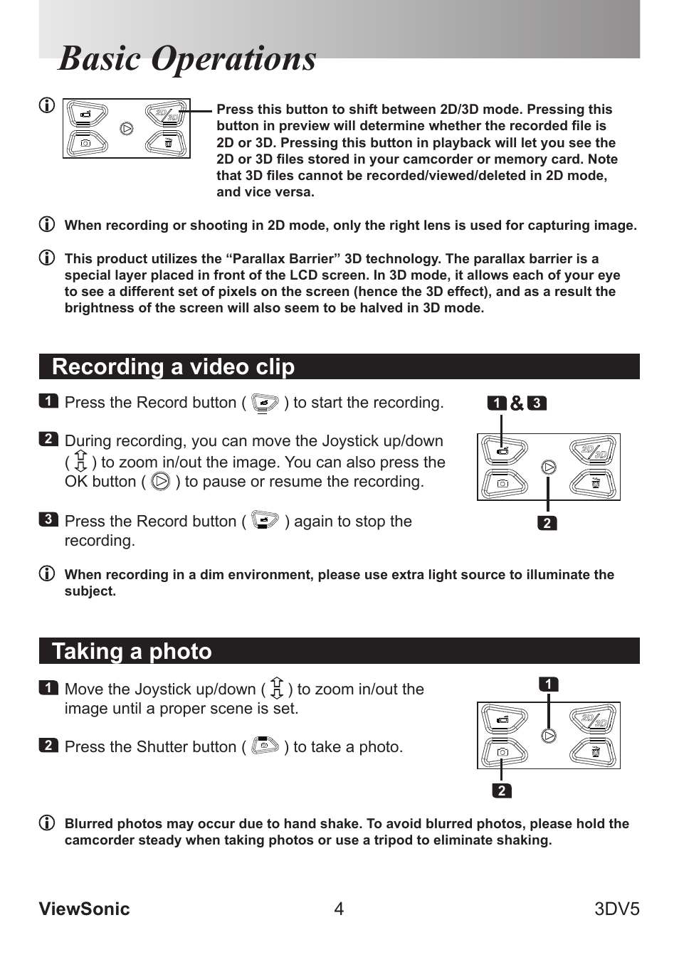 Basic operations, Recording a video clip, Taking a photo | Viewsonic 4 3dv5 | VIEWSONIC VS13782 User Manual | Page 9 / 25