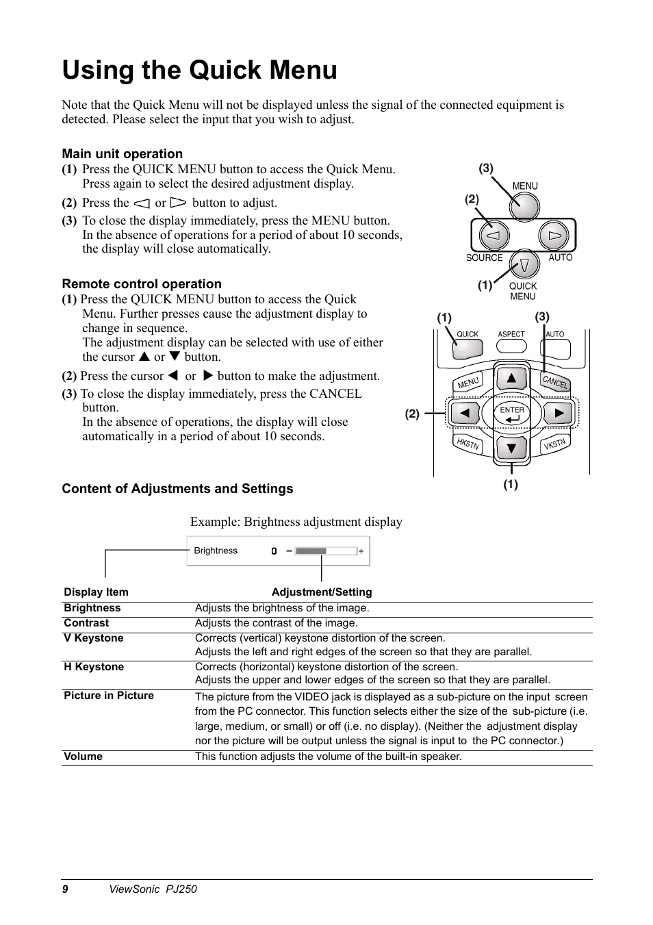 Using the quick menu | VIEWSONIC Projector PJ250 User Manual | Page 11 / 25