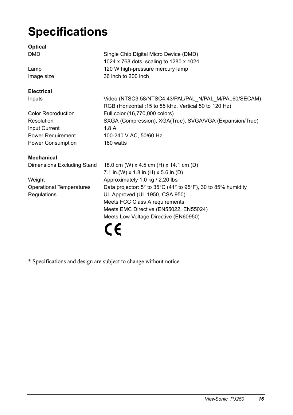 Specifications | VIEWSONIC Projector PJ250 User Manual | Page 18 / 25