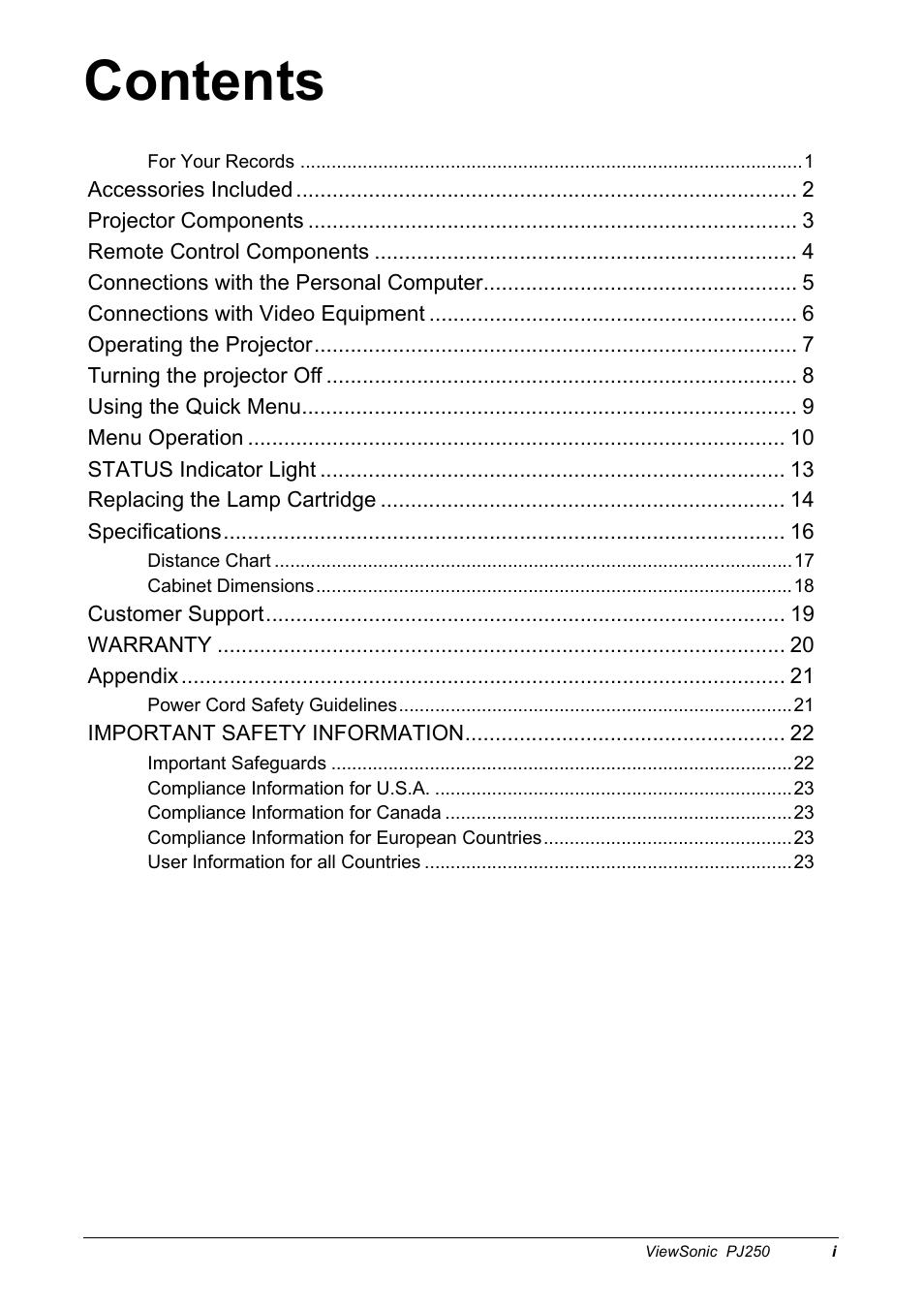 VIEWSONIC Projector PJ250 User Manual | Page 2 / 25