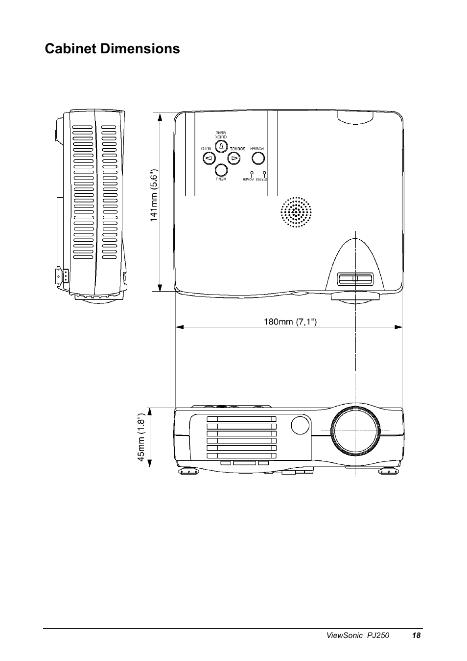 Cabinet dimensions | VIEWSONIC Projector PJ250 User Manual | Page 20 / 25