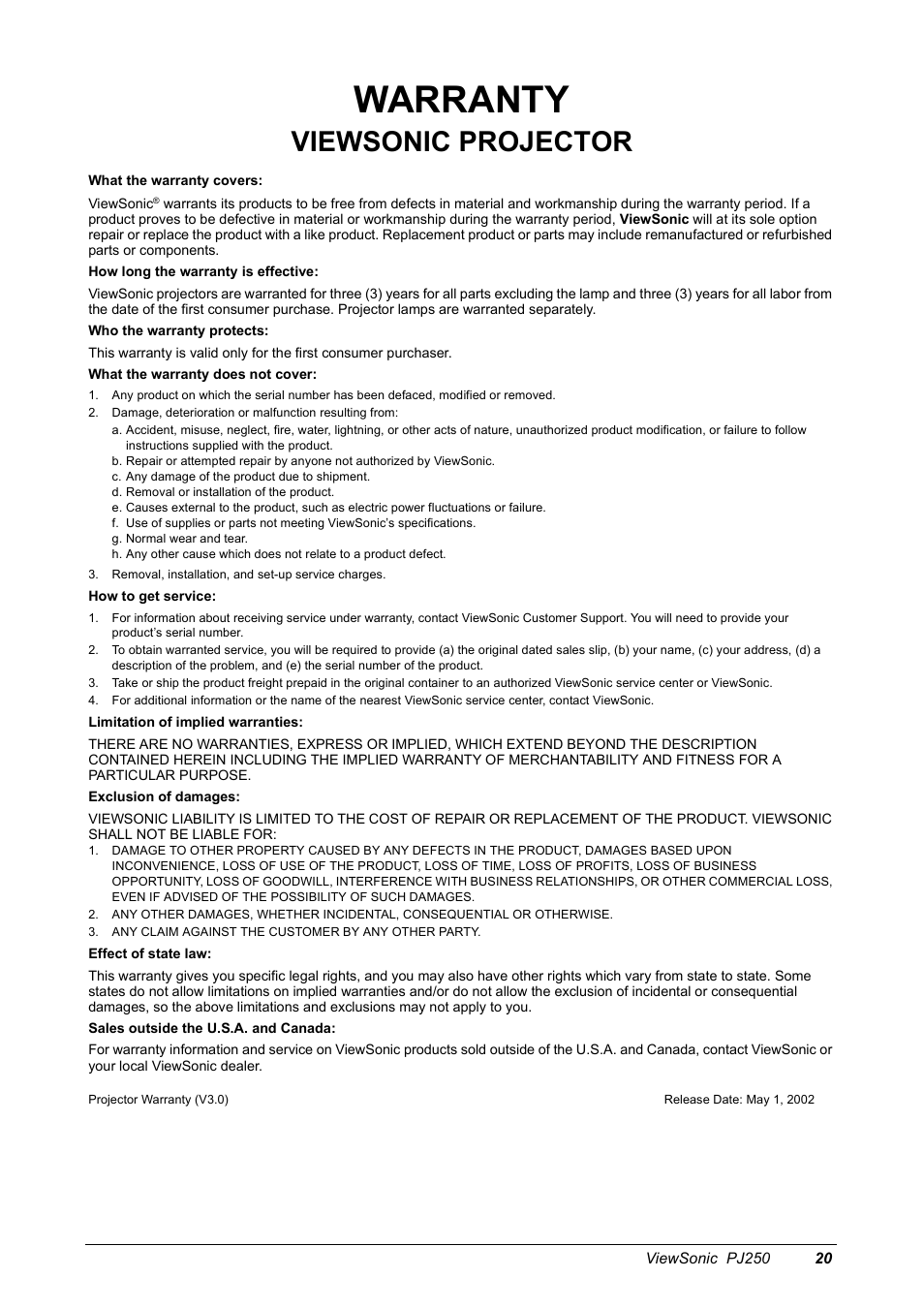 Warranty, Viewsonic projector | VIEWSONIC Projector PJ250 User Manual | Page 22 / 25