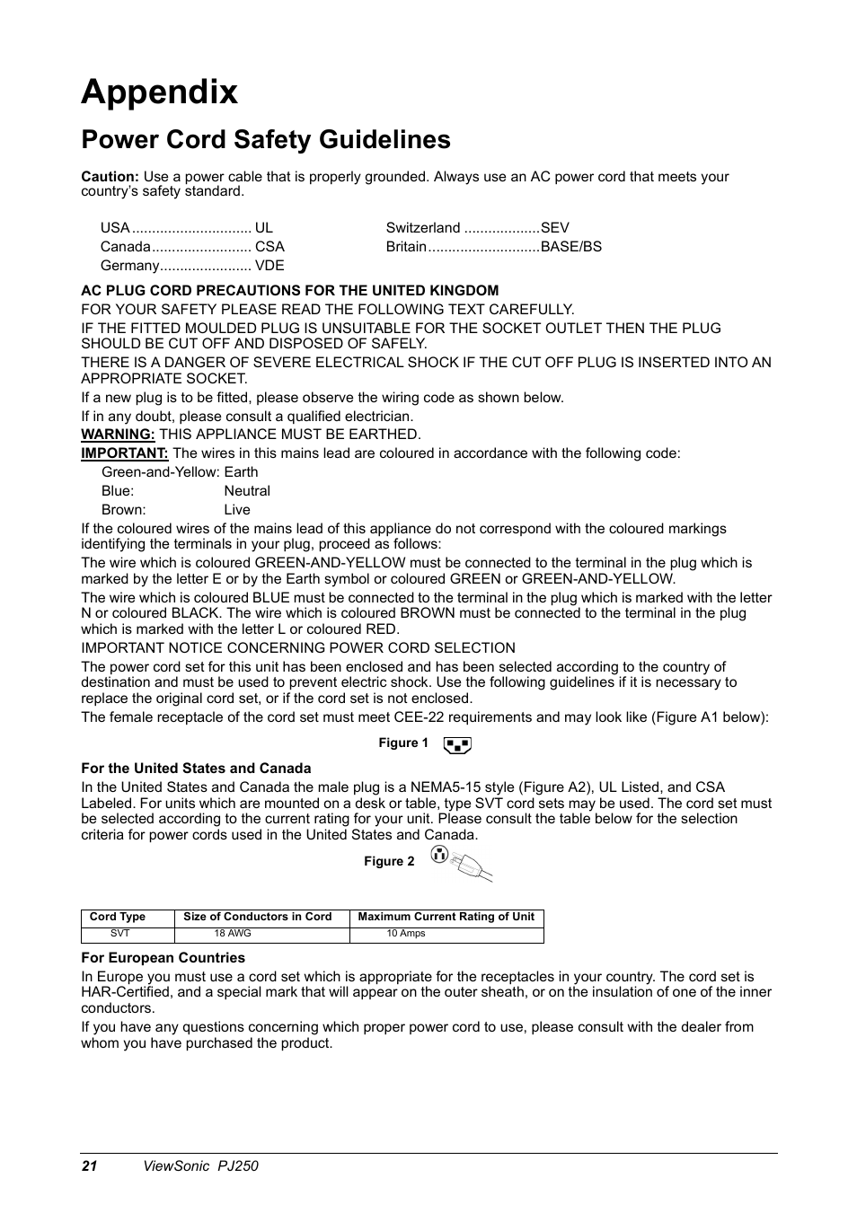 Appendix, Power cord safety guidelines | VIEWSONIC Projector PJ250 User Manual | Page 23 / 25