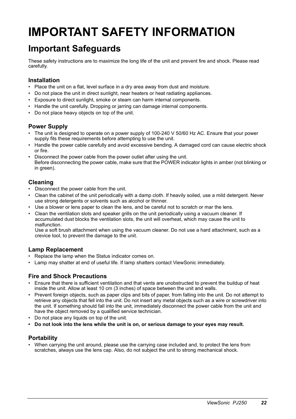 Important safety information, Important safeguards | VIEWSONIC Projector PJ250 User Manual | Page 24 / 25