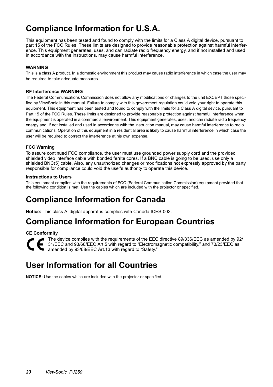 Compliance information for u.s.a, Compliance information for canada, Compliance information for european countries | User information for all countries | VIEWSONIC Projector PJ250 User Manual | Page 25 / 25