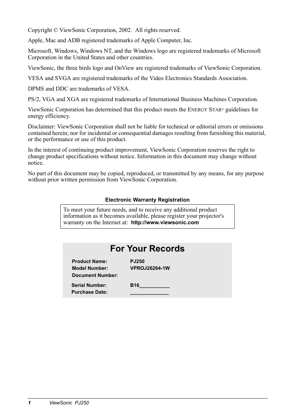 For your records | VIEWSONIC Projector PJ250 User Manual | Page 3 / 25