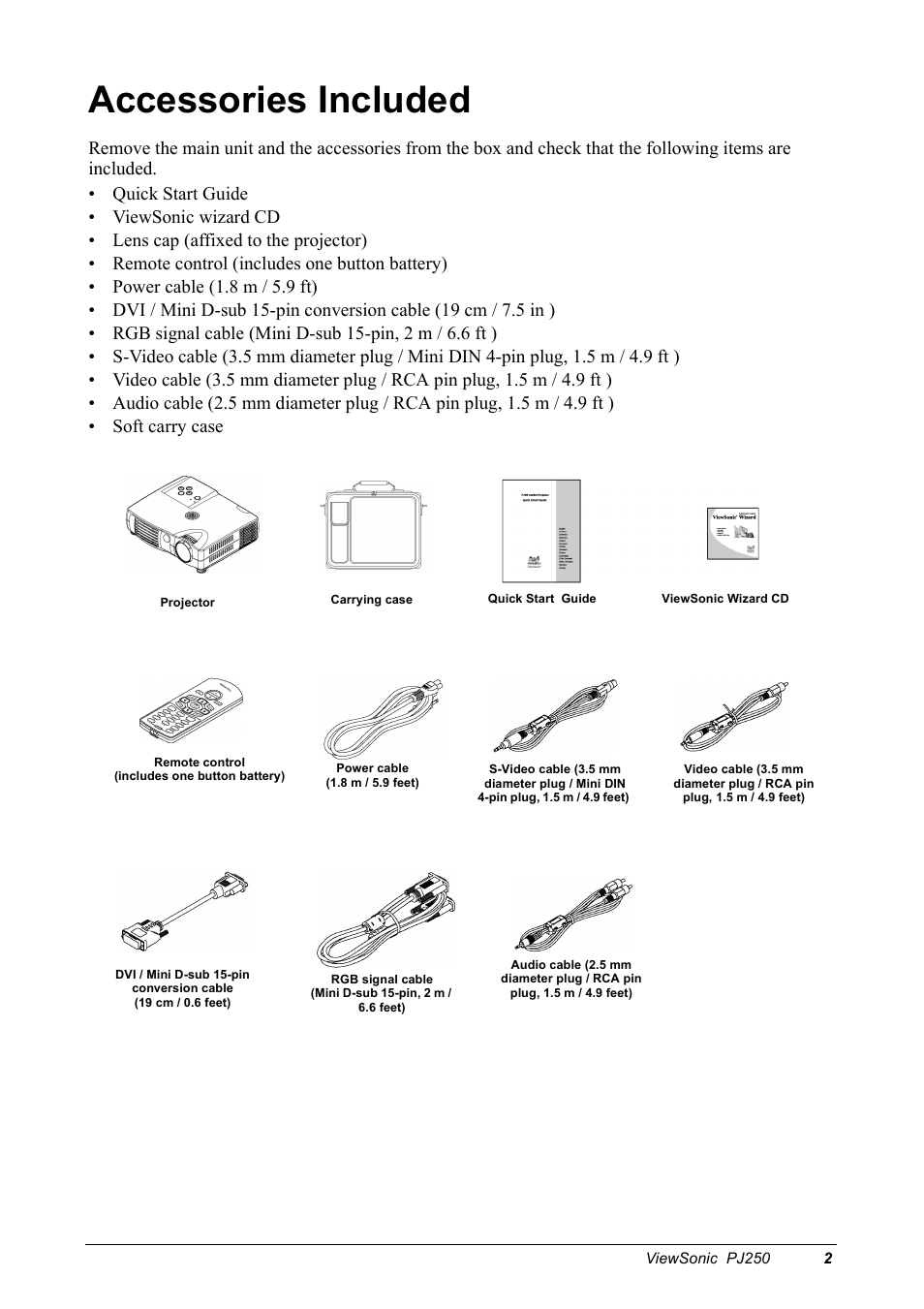 Accessories included | VIEWSONIC Projector PJ250 User Manual | Page 4 / 25