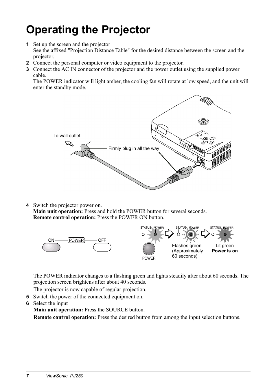 Operating the projector | VIEWSONIC Projector PJ250 User Manual | Page 9 / 25