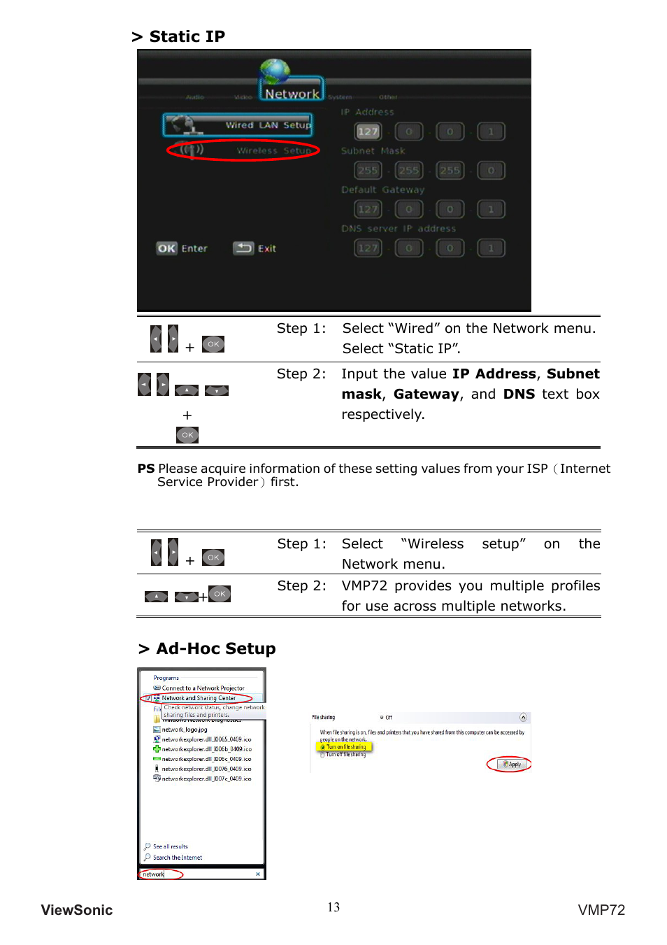 Static ip, Ad-hoc setup | VIEWSONIC VS13057 User Manual | Page 17 / 34