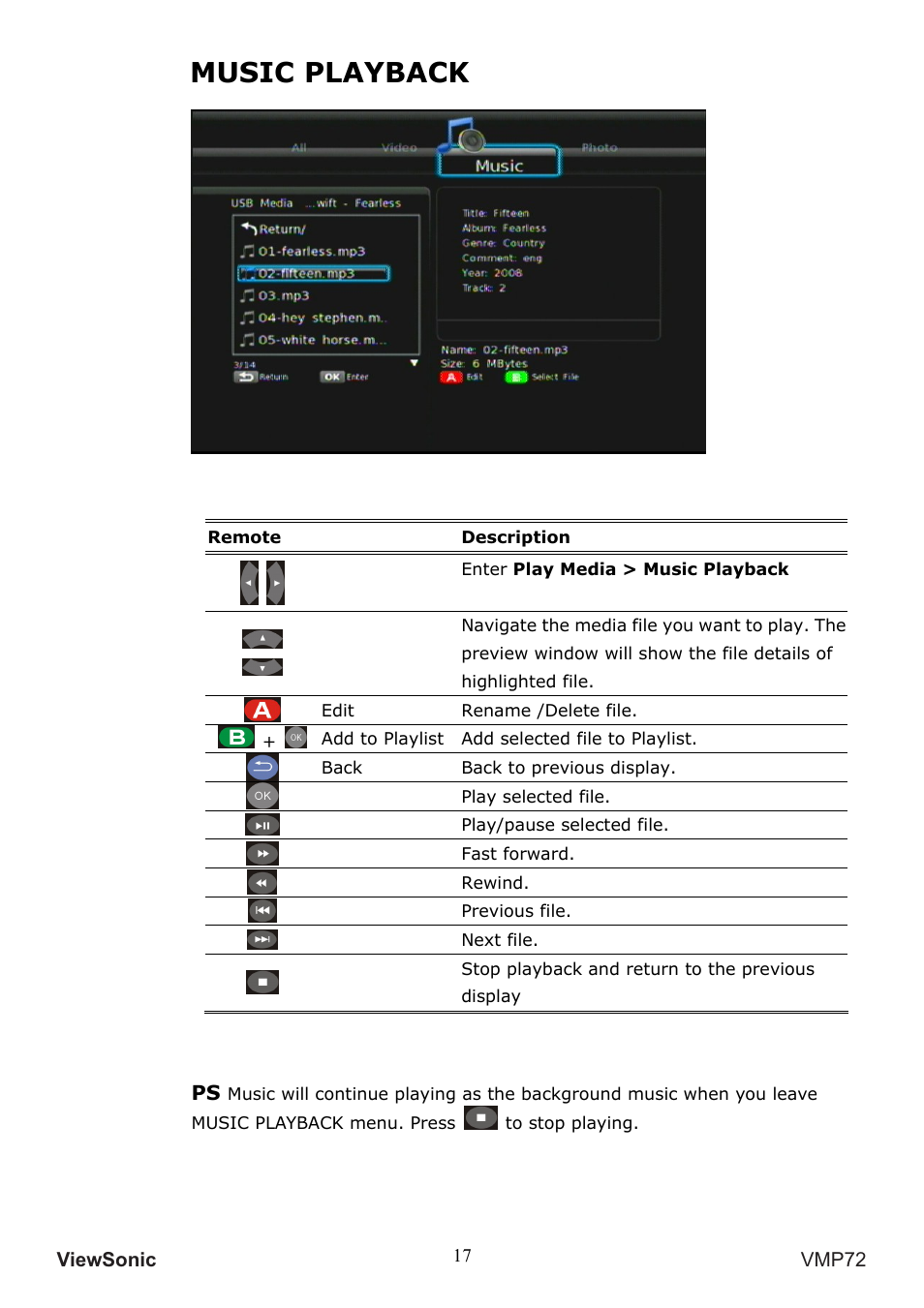Music playback | VIEWSONIC VS13057 User Manual | Page 21 / 34